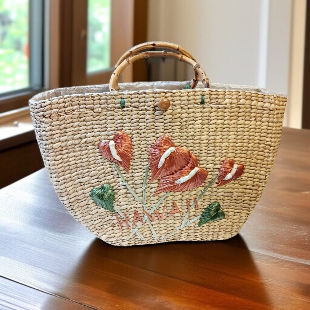 Vintage Hawaii Woven Straw Tote Bag w/ Bamboo Handles, Lined